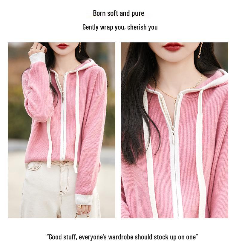 Women's 100% Pure Wool Hooded Cardigan with Zipper – Color Block Knitwear, Loose Fit.