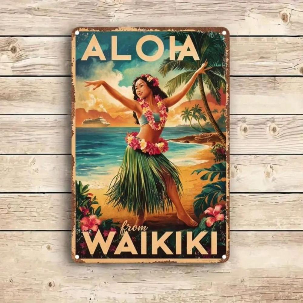 Vintage Metal Tin Sign Aloha Waikiki Wall Decor Garage Bar