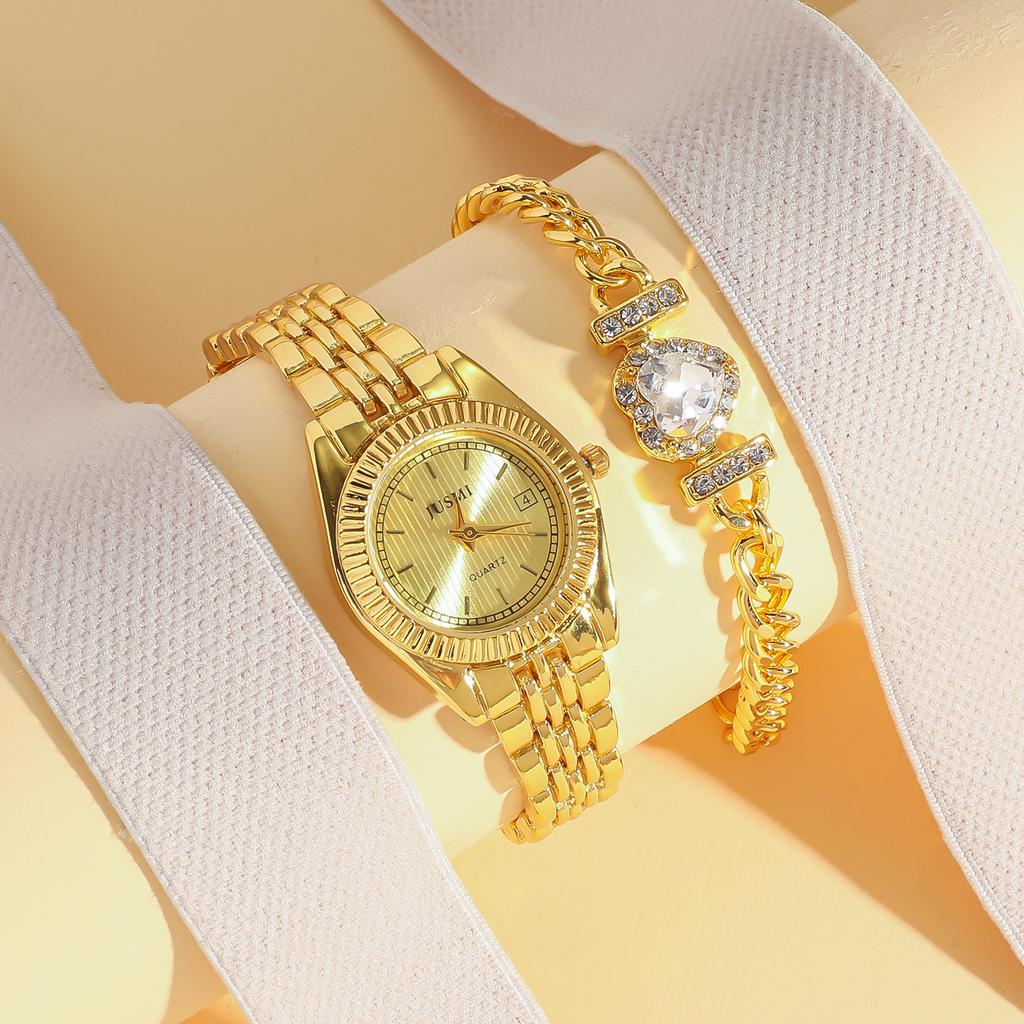 2-piece Set of No Gift Box Log Series Disc with Calendar, Quartz Fashion Steel Strip, Watch with Bracelet