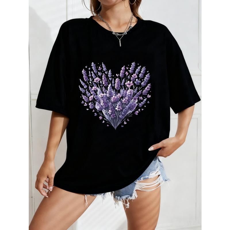 Lavender Heart Print Oversized T Shirt White Floral Design For Casual Wear And Everyday Outfits