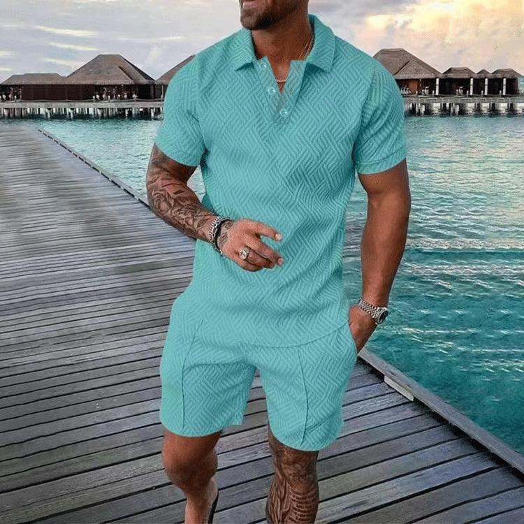 New Men'S Summer Fashion Casual Polo Shirt Collar Casual Set Collar Shorts Set Sports Men'S Solid Color T-Shirt Shorts Running Training Set