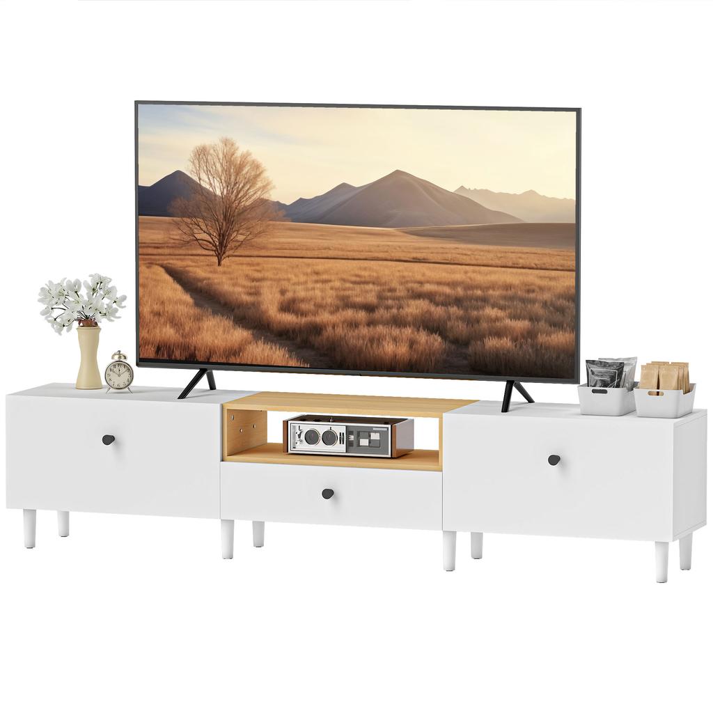 TV Stand, TV Cabinet for TV Up To 90 Inches with 2 Drop-down Doors, Drawer, 200 X 35 X 45 Cm, White