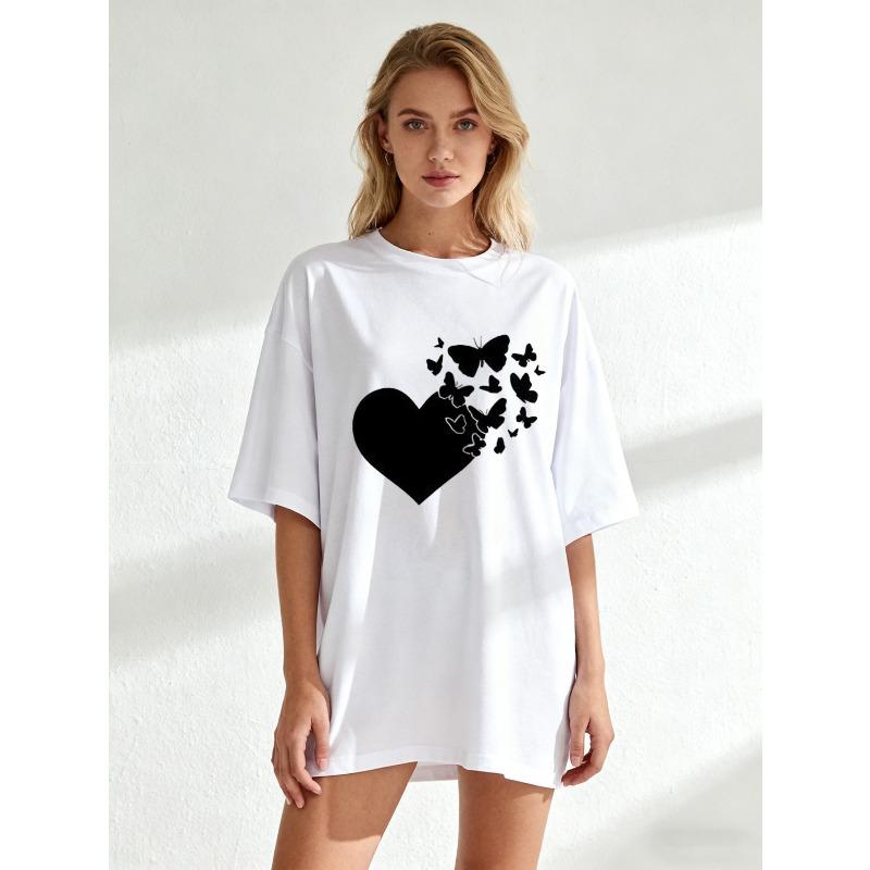 

Oversized T Shirt Black Heart And Butterflies Print Casual Wear XXXXL белый