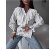 V Neck Ruffled Loose Women Shirt Fashion Long Sleeve Casual Blouse Sweet Office Tops Simple Spring Autumn Elegant Clothing