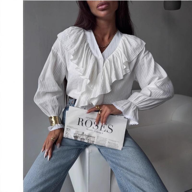 V Neck Ruffled Loose Women Shirt Fashion Long Sleeve Casual Blouse Sweet Office Tops Simple Spring Autumn Elegant Clothing