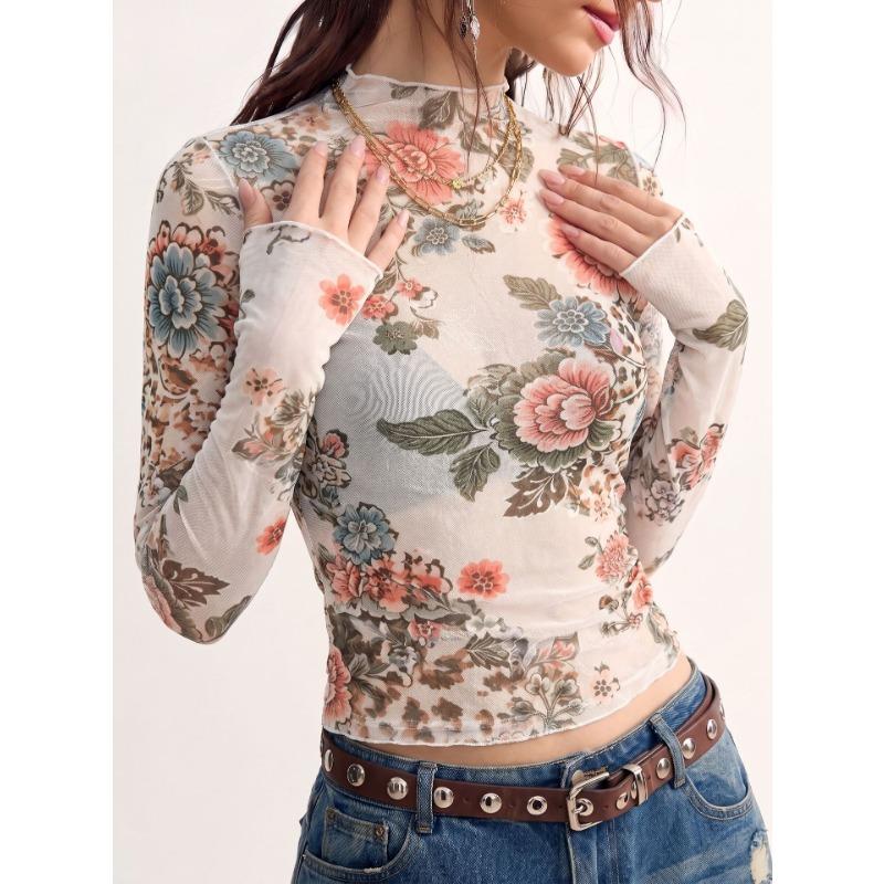 Camiseta de Malla de Manga Larga Ajustada para Mujer Estampado de Flores Top Sexy