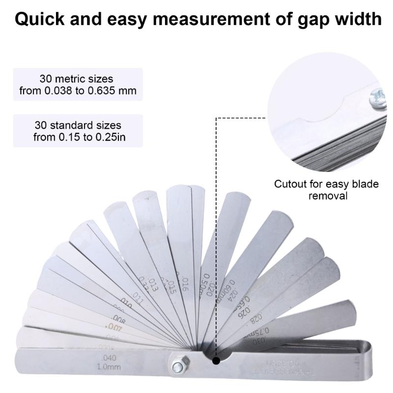 32 Pieces Long Feeler Gauge 0.03-1mm, Stainless Steel Feeler Gauge Double Marked Metric and Imperials Measuring Tool