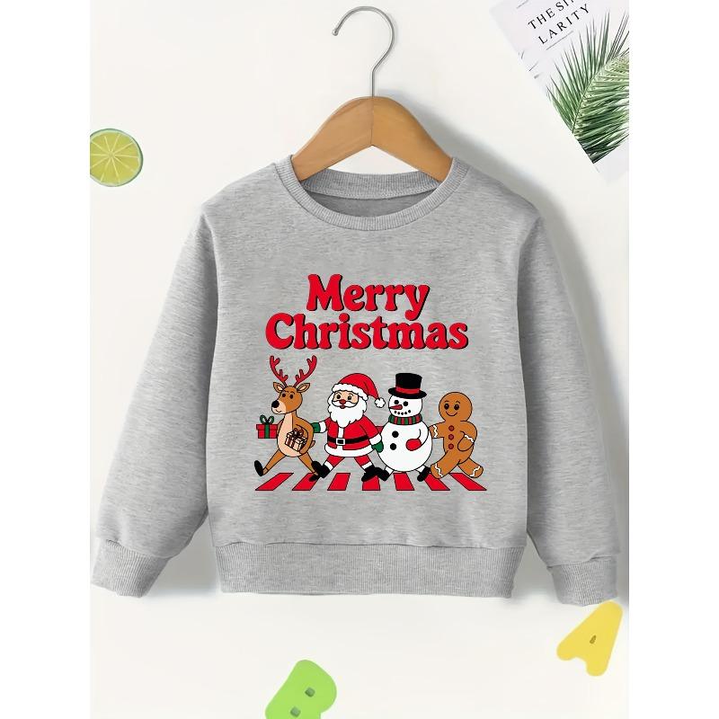 Kids Crewneck Sweatshirt, Christmas Print with Santa, Reindeer, Snowman & Gingerbread Man, Spring Autumn Casual Tops