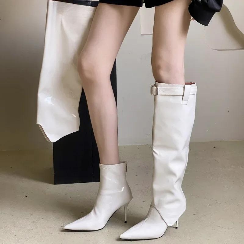Autumn Patent Leather Boots Solid Rome Women Shoes Pointed Toe Leisure Women Thin Heels Belt Buckle Boots Knee-High