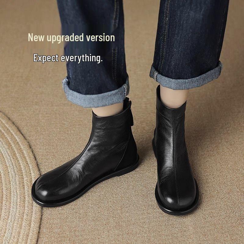 Ghete de damă retro din piele moale până la gleznă - Toamnă/Iarnă, Vârf rotund, Talpă plată, Versatile, Stil Martin subțiator