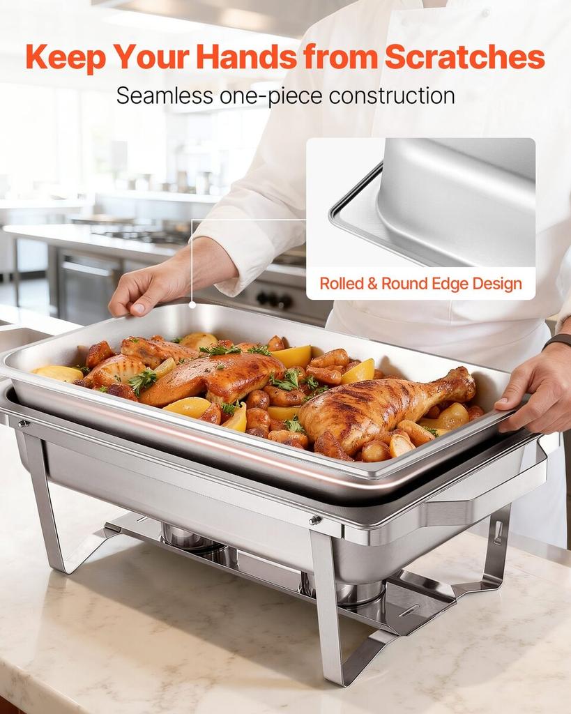 Rectangle Chafing Dish, 9.91L 4 Pack Stainless Steel Chafing Dish, Food Warmer Chafer Complete Set with Hollow Handle, 2 Food Tongs, Lid, Fuel Holder,