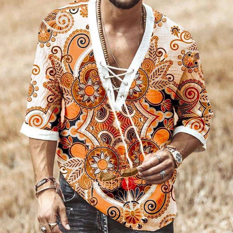 New Summer Men's Lace Up Chicken Eyes Medium Sleeve T-shirt V Neck Printed Drawstring Shirt