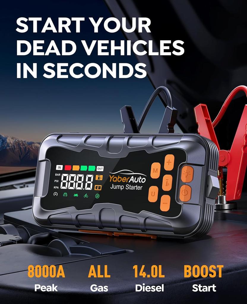 16-in-1 Jump Starter 8000A with Air Compressor, 150PSI, 12V Portable Jump Box for Gas & Diesel Cars