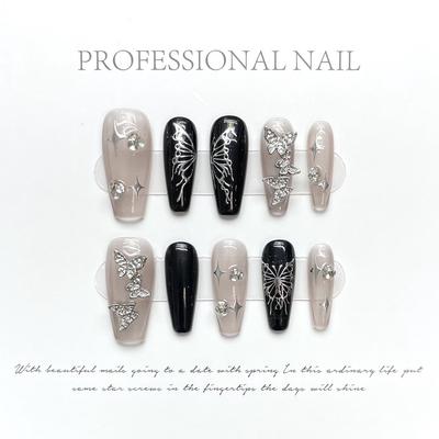 100% RUČNÍ sada falešných nehtů s lepidlem Liquid Butterfly y2k Sweet Cool Babes Dark Smudge Fototerapeutické nehty Opakovaně použitelné a snímatelné nehty