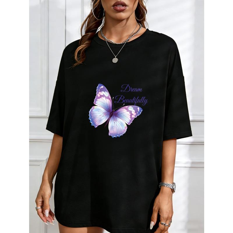 Women Casual T Shirt White Butterfly Dream Beautifully Print Summer Top For Everyday Wear