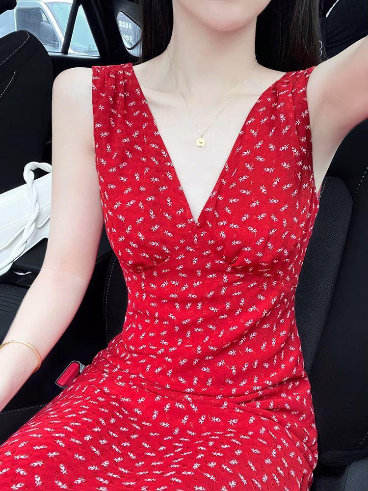 

New pure desire red straps suspender floral dress women s waist and thin temperament dress S красный