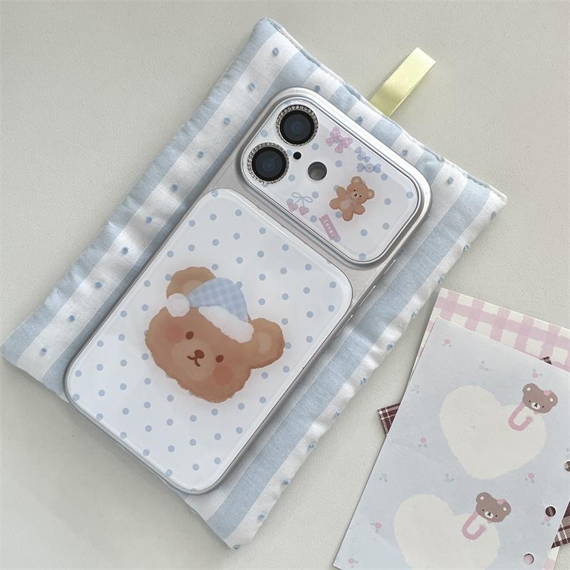 Kawaii Sleepy Bear Blue Polka Dot Clear Phone Case For iPhone 15 16 17 Pro Max INS Cute Large Window Shockproof Cover