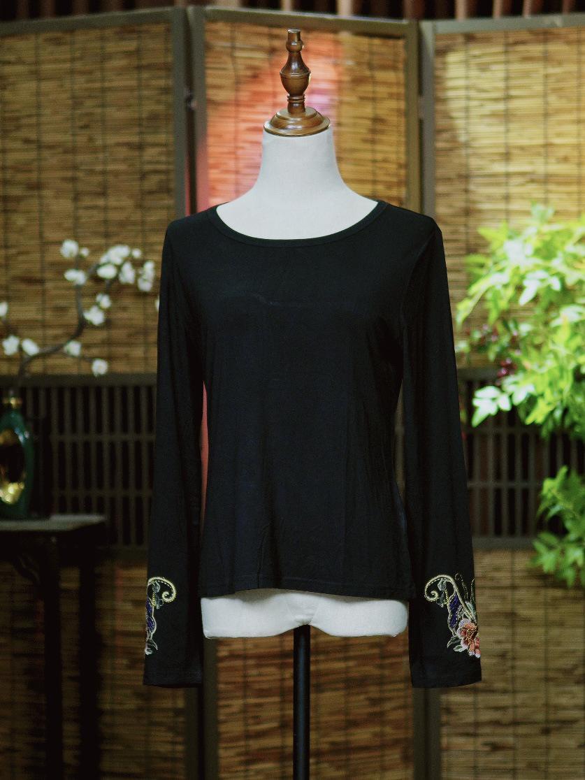 Yahe Floral Embroidered Round Neck Long-Sleeve Retro Top XXXL чёрный