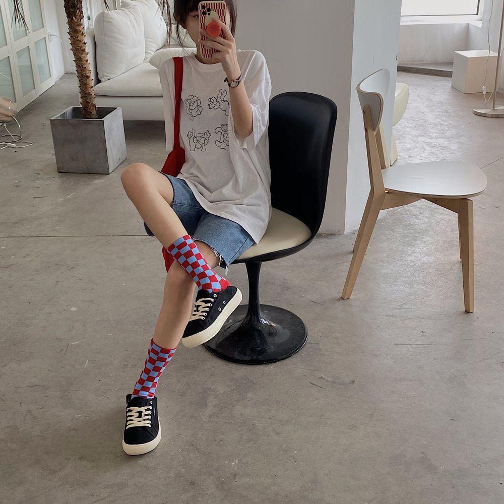 Cotton Hip Pop Plaid Female Hosiery Mid-tube Sock College Style Socks Korea Checkerboard  Socks