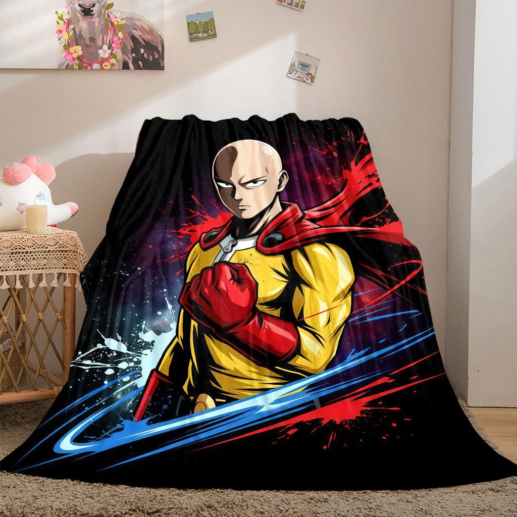 One Punch Man Stylish 2D Cartoon Flannel Blanket, Printed Decor for Sofa, Soft Bedding Travel Picnic Rug_LIAN