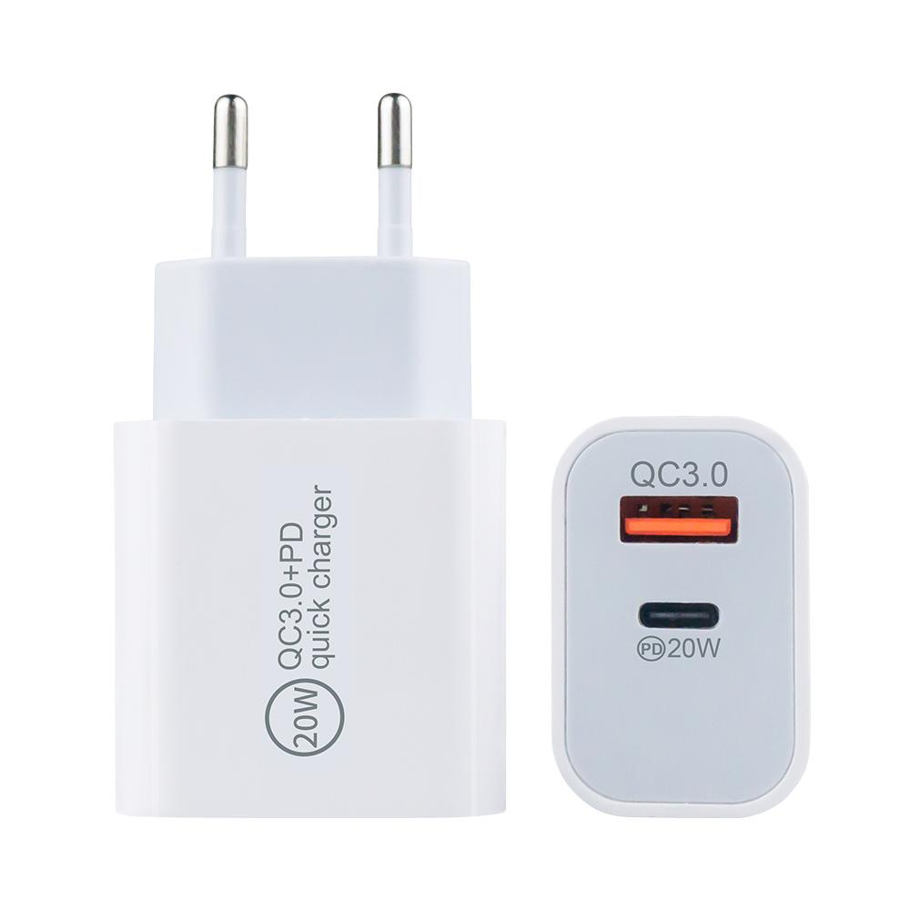 EU Plug PD 20W QC3.0 Wall Charger USB Type C Two Ports Travel Adapter Mobile Fast Charging Phone Charger for IPhone Samsung RoHS