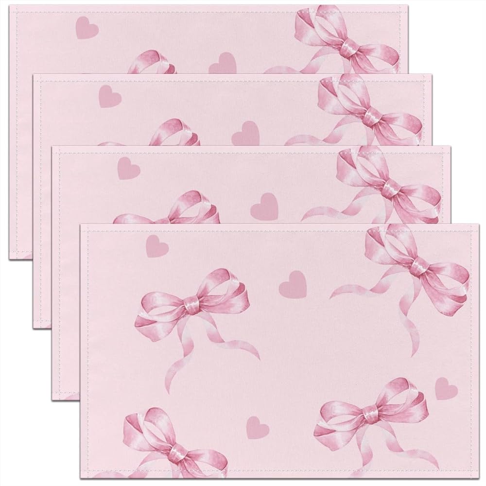 

Linen Placemats Set Of 4 Pink Bow Heart Design Washable Heat Resistant Table Mats For Girls Room Dining Decor 4PCS