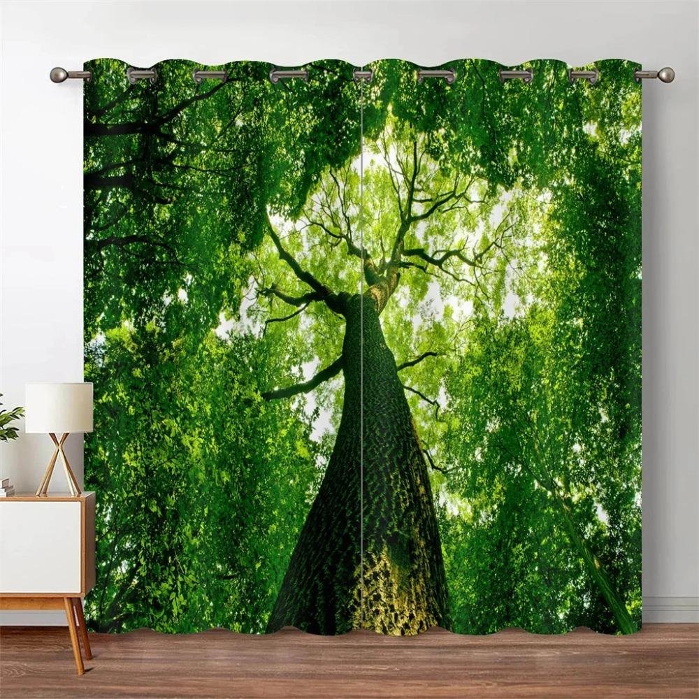 Forest Jungle Tree Natural Scenery Landscape Thin Window Blinds Curtains for Living Room Kitchen Bedroom Waterfall 2Pieces Decor