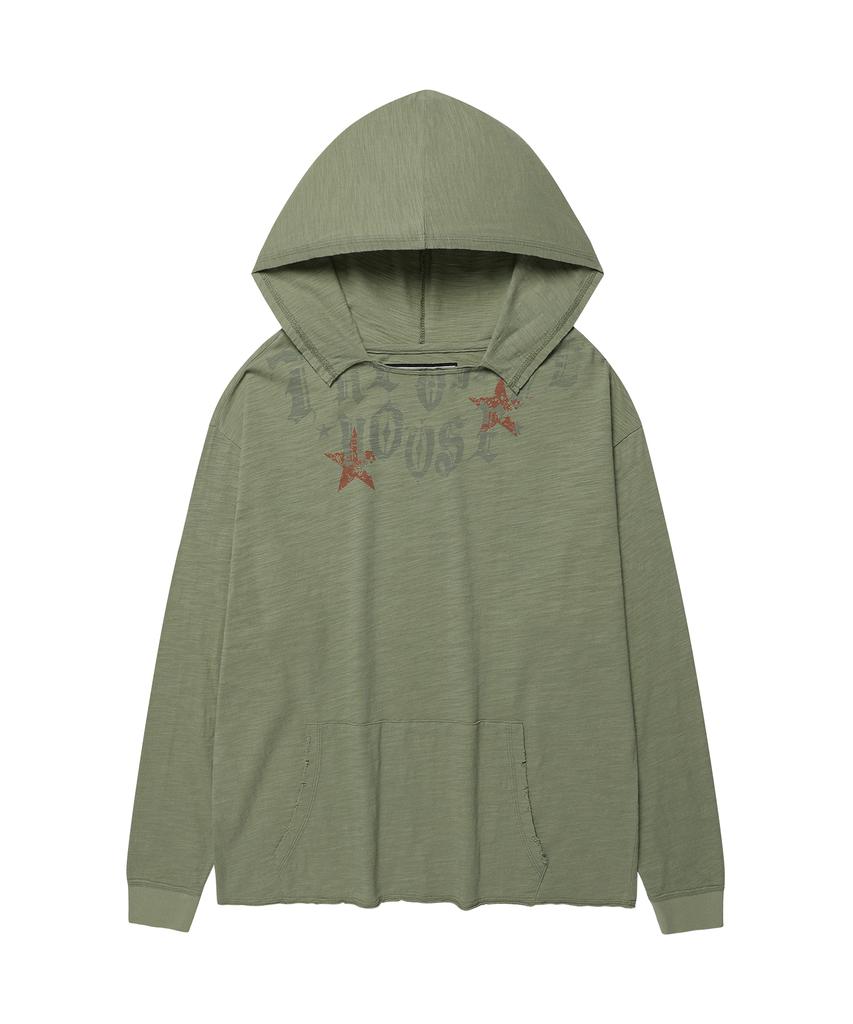 THEVINYLHOUSE Cut-Off Over Slub Hoodie Ls Tee (W) Khaki
