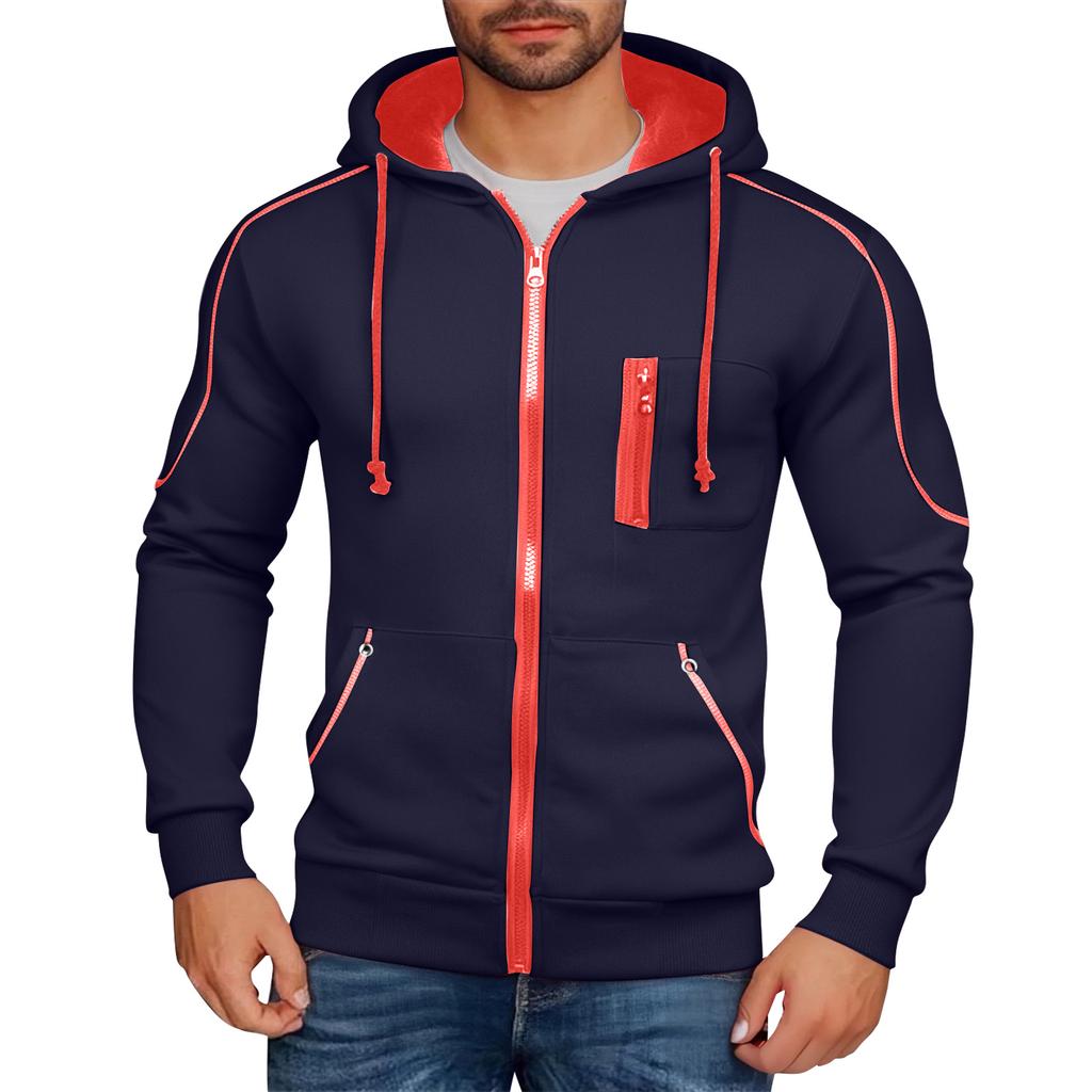 Men's Hooded Sweatshirt, Contrasting Color Sweatshirt, Sports Zipper Casual Jacket