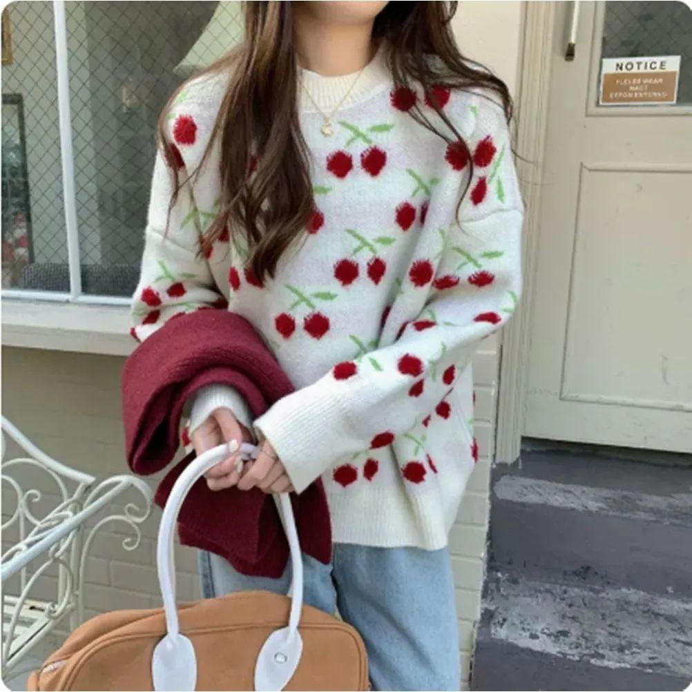 

Women s Cherry Embroidery Sweater Crew Neck Long Sleeve Knitted Sweaters Winter Loose Casual Trendy Pullover Tops onesize абрикосовый