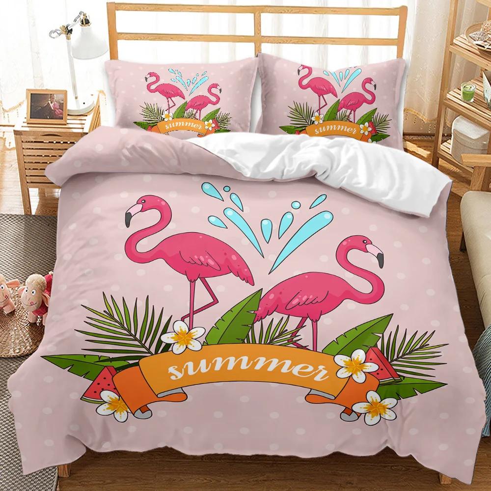 Flamingo Duvet Cover Couple Flamingo Palm Leaf Twin Bedding Set Tropical Botanical Leaves Summer King Size Polyester Quilt Cover
