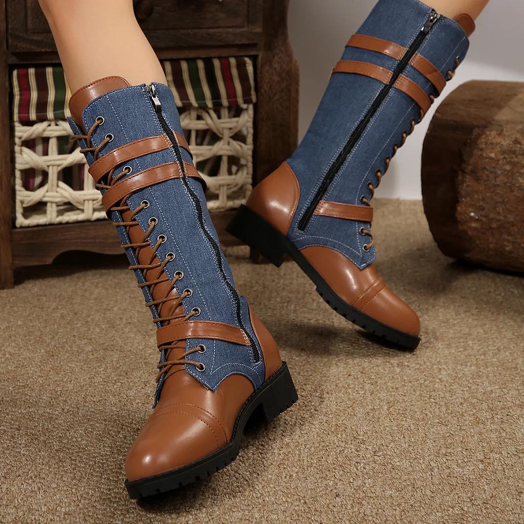 Fashion 2025 Lace-up Women's Winter Boots New Belt Buckle Cowboy Knee High Boots Women Denim Leather Goth Shoes Punk Zip Boots for Women