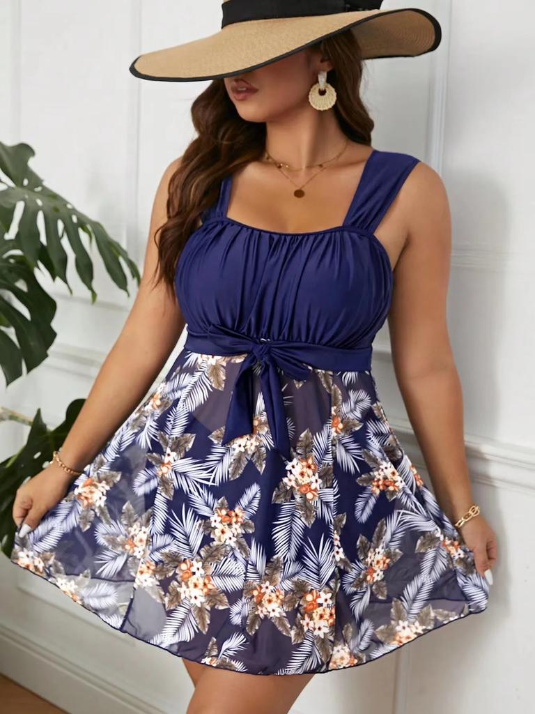 Plus Size Elegant Tankini Set Women's Plus Contrast Tropical Print Tie Front Tank Dress & Panty Swimsuit 2 Piece Set