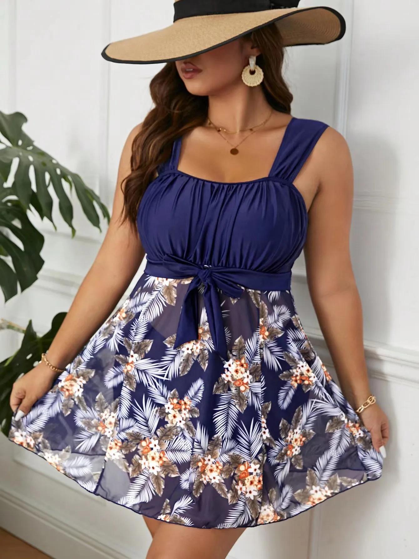 

Элегантный комплект танкини больших размеров, женский комплект из 2 предметов с контрастным тропическим принтом и завязкой спереди, платье-майка и трусики, купальник 5XL тёмно-синий