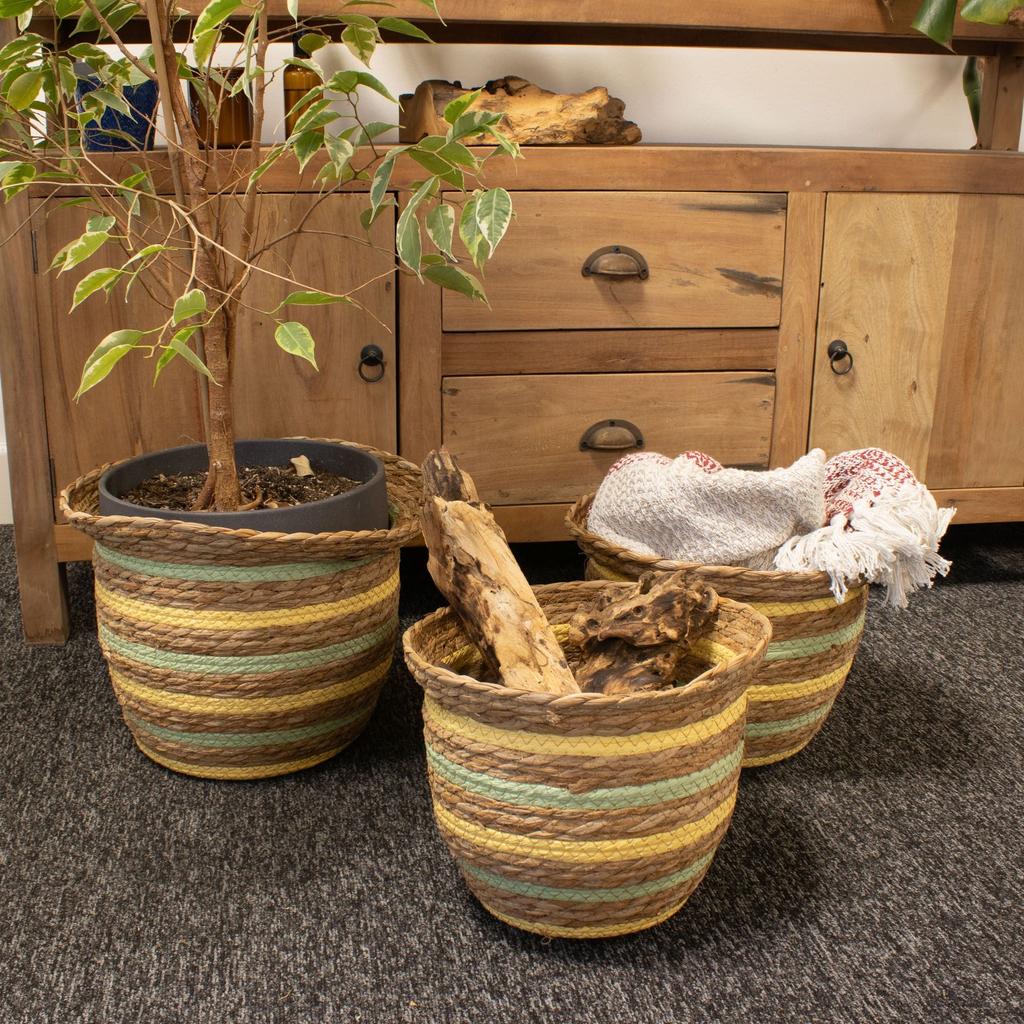 Seagrass & Straw Vase Shaped Baskets – Natural Yellow & Green – Set of 3