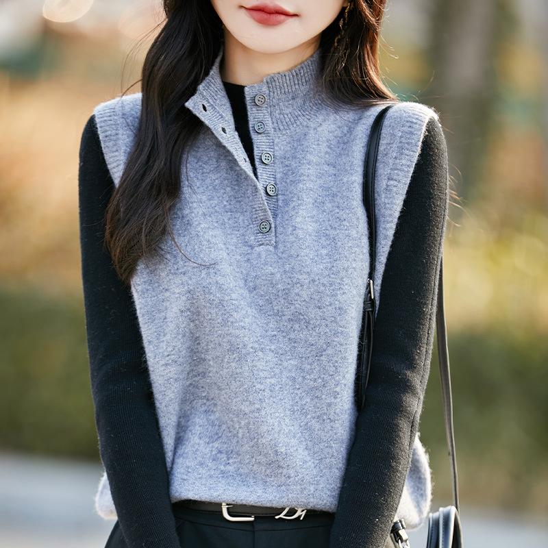 Women's 100% Wool Half-Open Button-Up Knit Vest - Sleeveless, Versatile, Solid Color Pullover with Half-High Collar