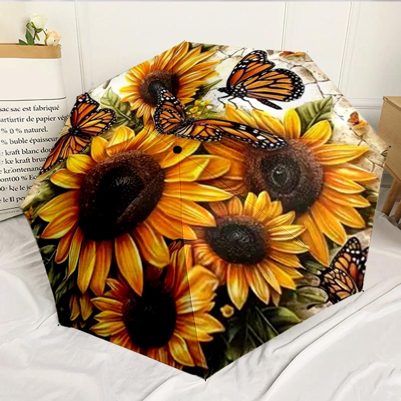 Sunflowers And Butterflies Garden 8-Frame for Travel, Camping, Casual Lightweight Portable Umbrella, Essential for Every Family Holidays Birthday Gift