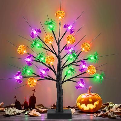 Černý halloweenský stromeček s 24 LED světly, dýní, netopýrem, pavoukem, osvětlenou břízou napájenou z USB/baterií, strašidelné halloweenské dekorace
