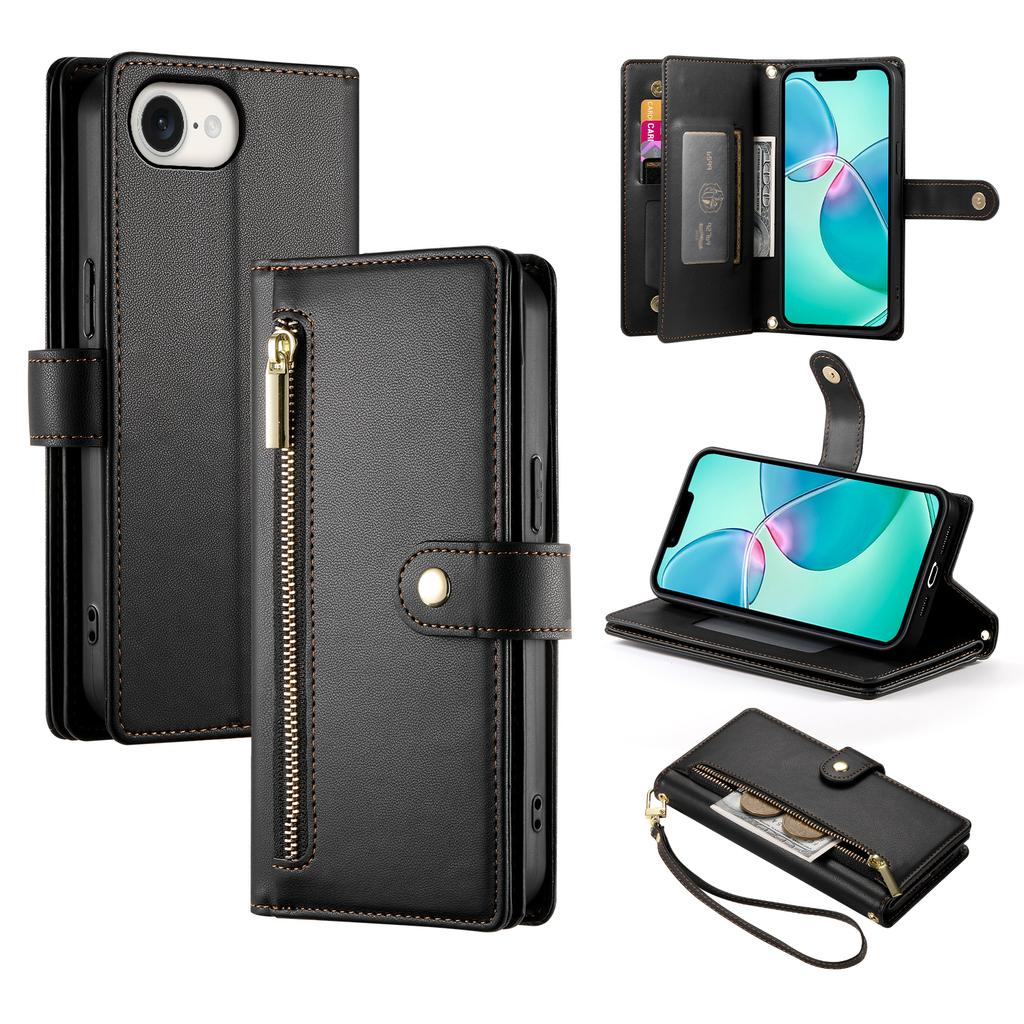 DF-011 For iPhone 16e Case Zipper Wallet PU Leather Crossbody Phone Bag