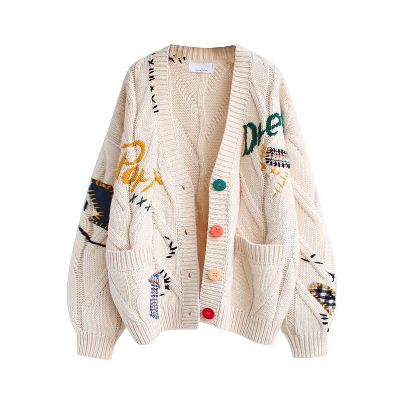Autumn Winter Embroidery Women Cardigan Warm Knitted Sweater Jacket Pocket Knit Cardigan Coat Lady