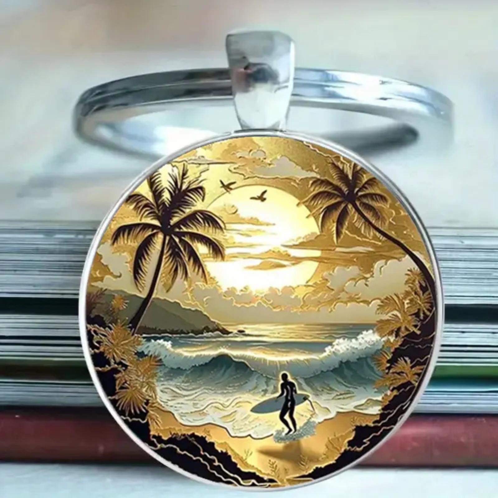 

Round Alloy Keychain Pendant with Surfing Beach Scene Metal Key Ring Durable Lightweight Artistic Accessory for Keys Bags One Size