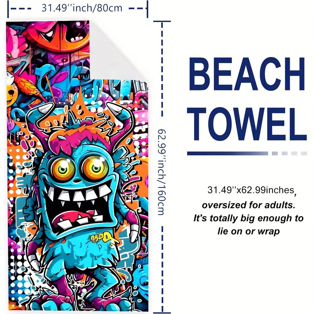 Telo da Spiaggia Graffiti Vivaci - Microfibra leggera e ad asciugatura rapida con grafiche di mostri cartoon colorati
