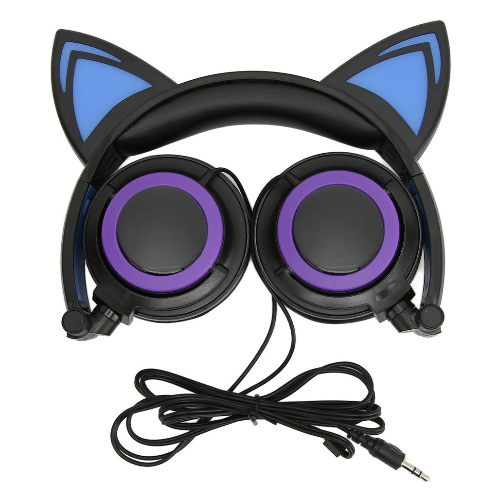 Cat Ear Wired Headphone Noise Reduction Cute Kids Cartoon Headset with LED Light for Tablets