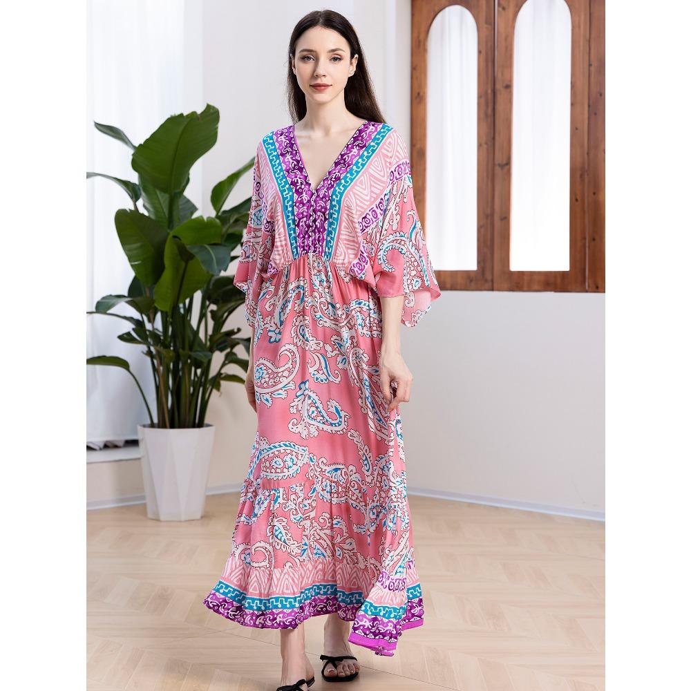 Plus Size Boho Kaftan Dress, Women's Plus Maxi Cover Up Dress