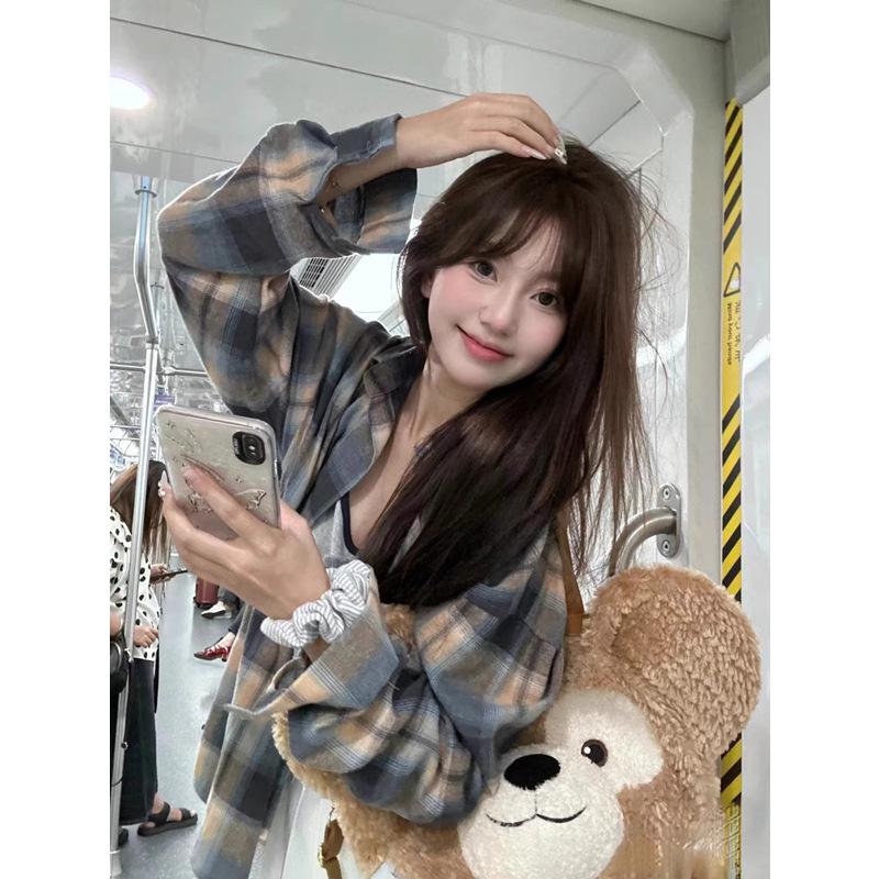 

Women s Autumn Retro Plaid Long Sleeve Cardigan Shirt XL