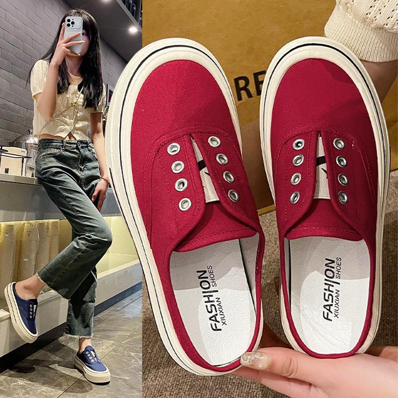 2025 new casual canvas shoes heel-free versatile lazy one-pedal platform ins bag head half slippers women's summer