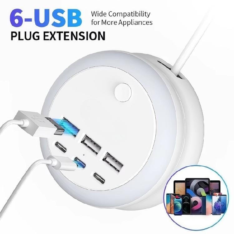 Desktop USB Power Hub with 3Prong Plug, 3 USB-A 3 USB C Port, ClicksControl Night Light, 9x5cm Retractable Cable Body