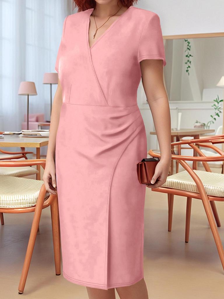 Spring/Summer 2026 Women's Elegant Short-Sleeve Plus Size Solid Color Dress