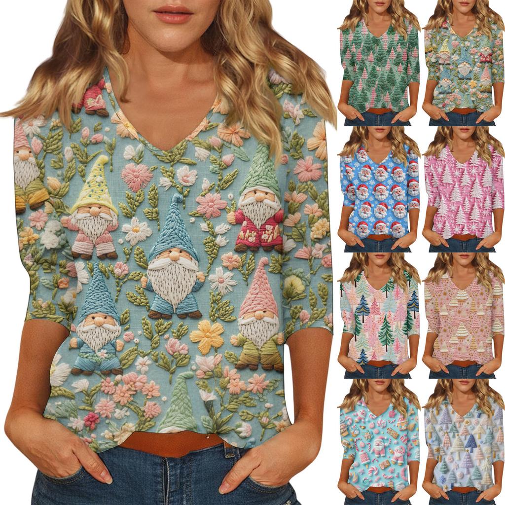 Women's Casual Fashionable Sexy Comfortable V-Neck Christmas Three-Quarter Sleeve Top