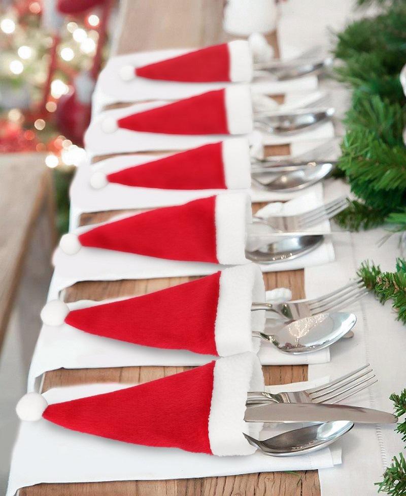 Holiday Table Setting Set Mini Santa Hat Christmas Cutlery Cover Bottle Cosy Flannel Utensil Holder Decor
